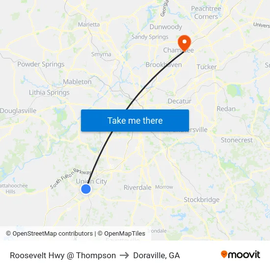 Roosevelt Hwy @ Thompson to Doraville, GA map