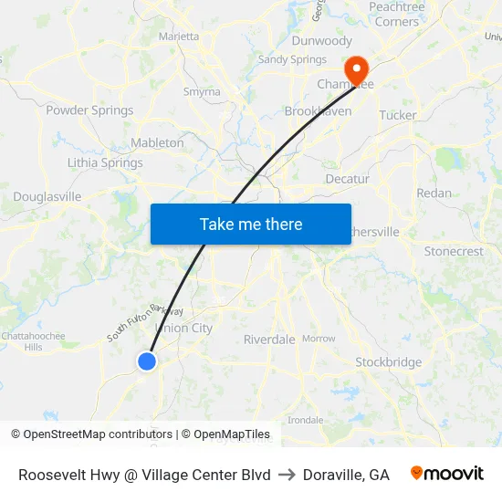 Roosevelt Hwy @ Village Center Blvd to Doraville, GA map