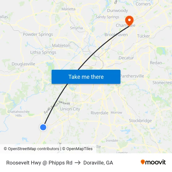 Roosevelt Hwy @ Phipps Rd to Doraville, GA map