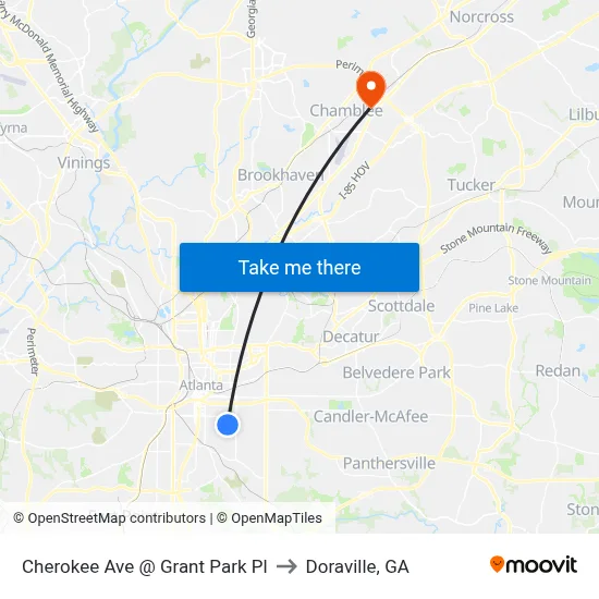 Cherokee Ave @ Grant Park Pl to Doraville, GA map