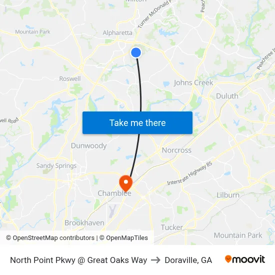 North Point Pkwy @ Great Oaks Way to Doraville, GA map