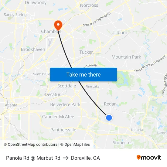 Panola Rd @ Marbut Rd to Doraville, GA map