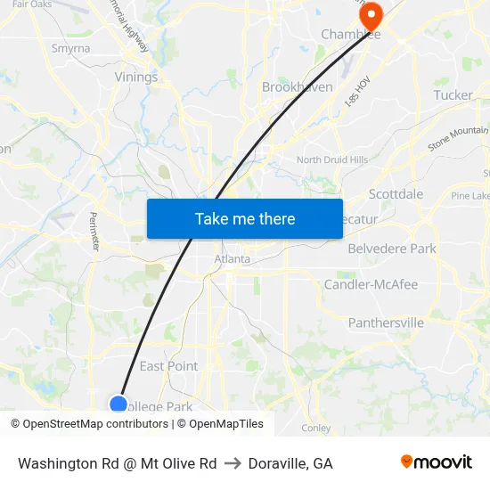 Washington Rd @ Mt Olive Rd to Doraville, GA map