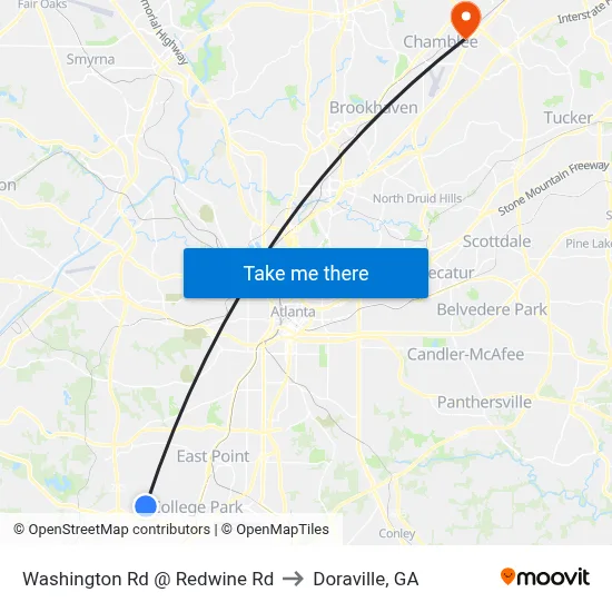 Washington Rd @ Redwine Rd to Doraville, GA map