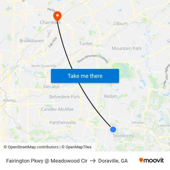 Fairington Pkwy @ Meadowood Cir to Doraville, GA map