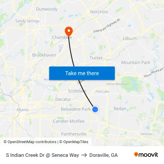 S Indian Creek Dr @ Seneca Way to Doraville, GA map