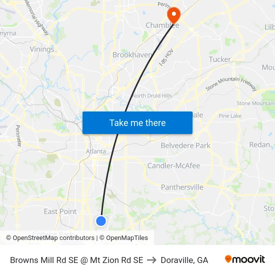 Browns Mill Rd SE @ Mt Zion Rd SE to Doraville, GA map