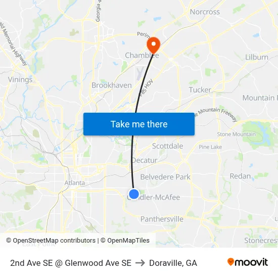 2nd Ave SE @ Glenwood Ave SE to Doraville, GA map