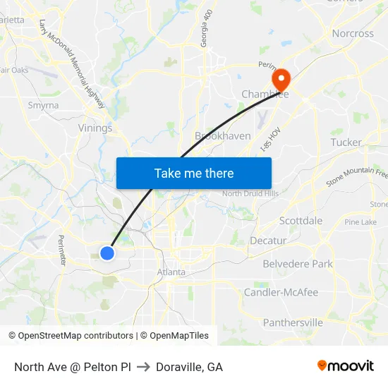 North Ave @ Pelton Pl to Doraville, GA map