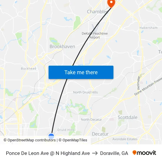 Ponce De Leon Ave @ N Highland Ave to Doraville, GA map