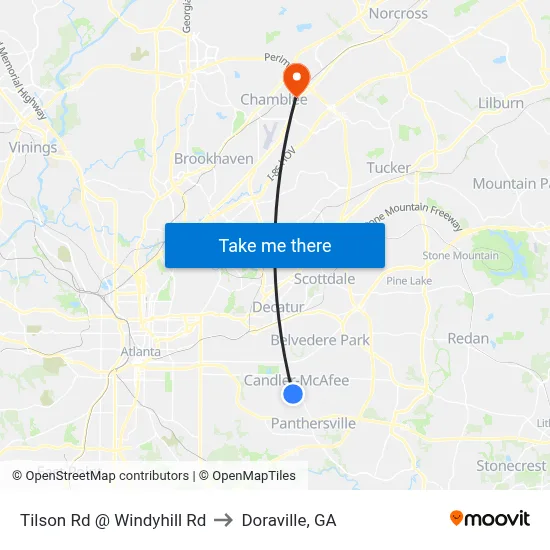 Tilson Rd @ Windyhill Rd to Doraville, GA map