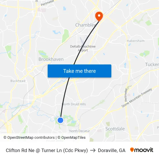 Clifton Rd Ne @ Turner Ln (Cdc Pkwy) to Doraville, GA map
