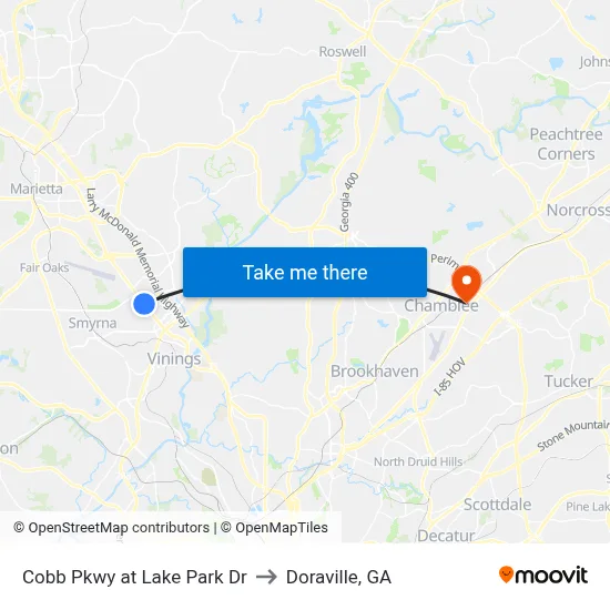 Cobb Pkwy at Lake Park Dr to Doraville, GA map
