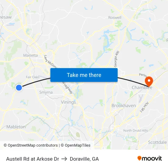 Austell Rd at Arkose Dr to Doraville, GA map