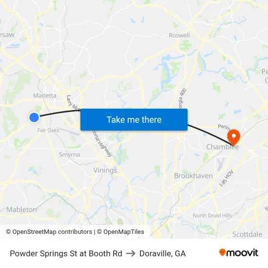 Powder Springs St at Booth Rd to Doraville, GA map