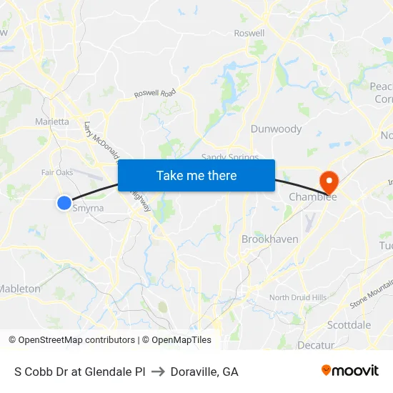 S Cobb Dr at Glendale Pl to Doraville, GA map