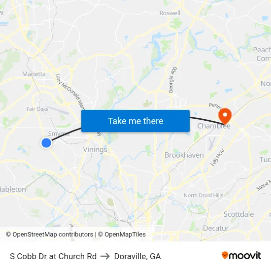 S Cobb Dr at Church Rd to Doraville, GA map