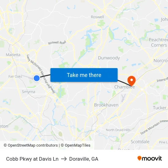 Cobb Pkwy at Davis Ln to Doraville, GA map