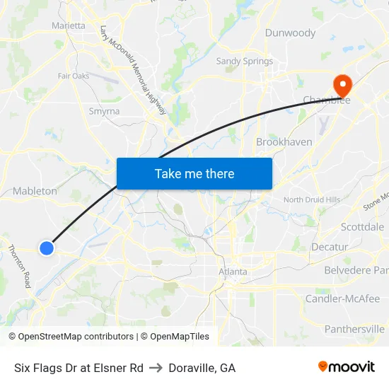 Six Flags Dr at Elsner Rd to Doraville, GA map