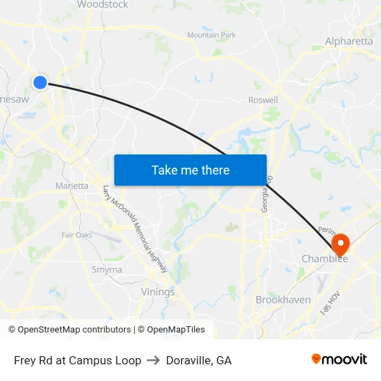 Frey Rd at Campus Loop to Doraville, GA map