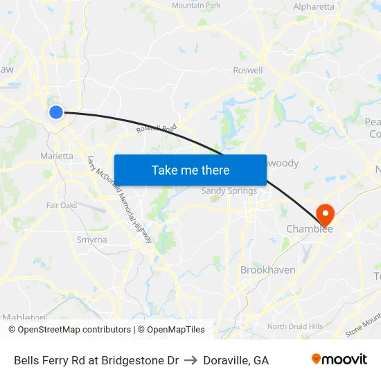 Bells Ferry Rd at Bridgestone Dr to Doraville, GA map