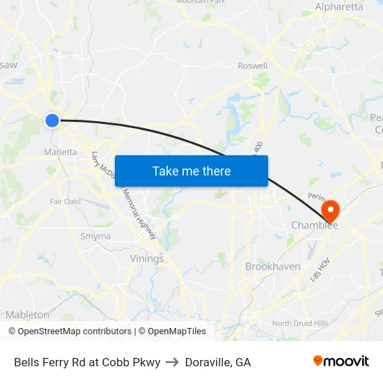 Bells Ferry Rd at Cobb Pkwy to Doraville, GA map