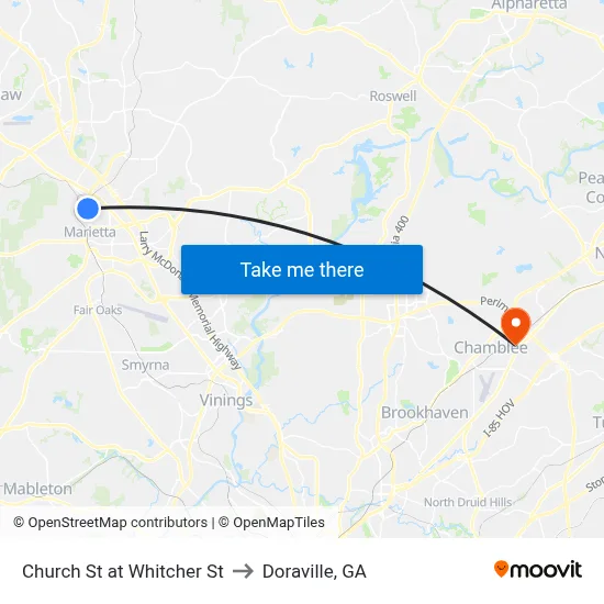 Church St at Whitcher St to Doraville, GA map