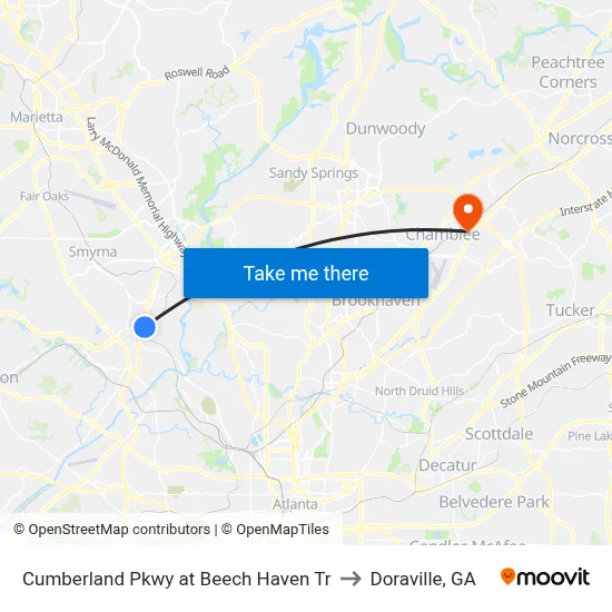 Cumberland Pkwy at Beech Haven Tr to Doraville, GA map