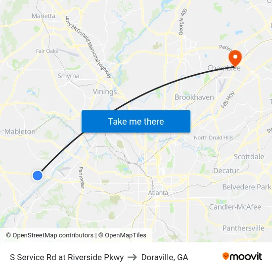 S Service Rd at Riverside Pkwy to Doraville, GA map