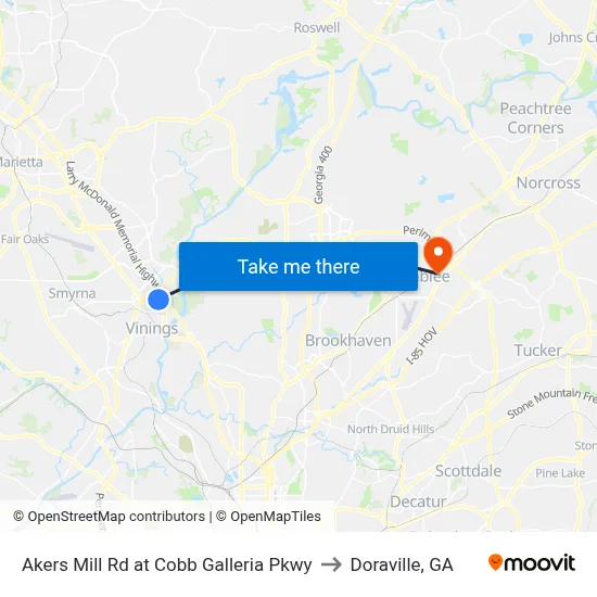 Akers Mill Rd at Cobb Galleria Pkwy to Doraville, GA map