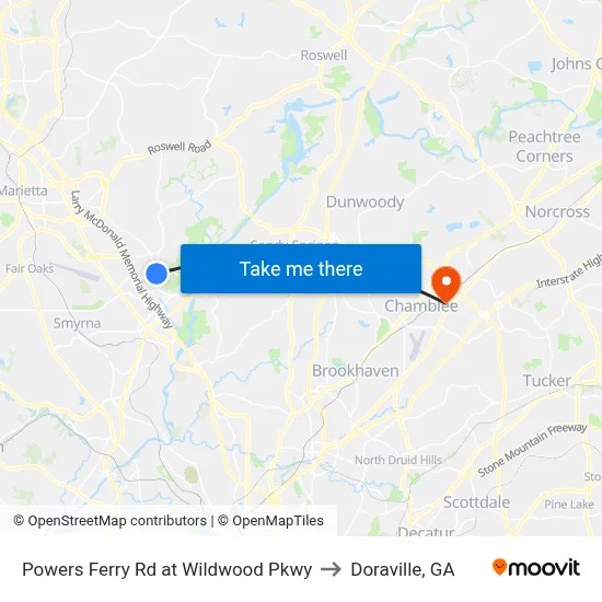 Powers Ferry Rd at Wildwood Pkwy to Doraville, GA map