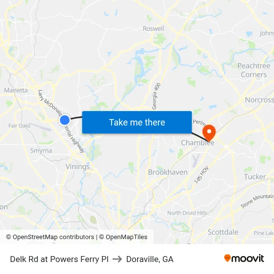 Delk Rd at Powers Ferry Pl to Doraville, GA map