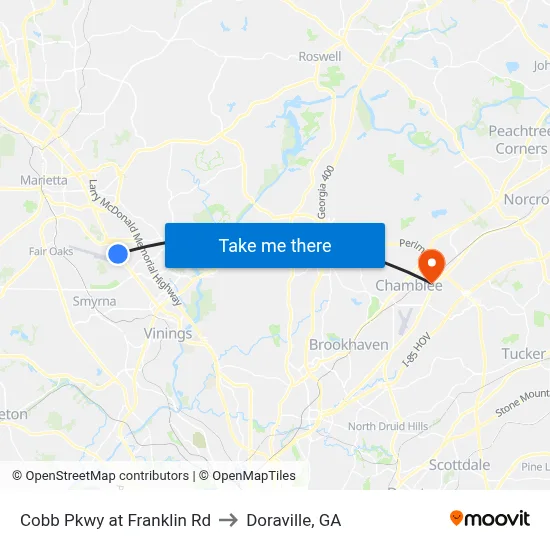 Cobb Pkwy at Franklin Rd to Doraville, GA map