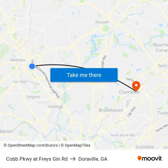 Cobb Pkwy at Freys Gin Rd to Doraville, GA map