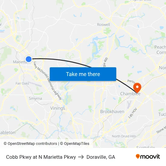 Cobb Pkwy at N Marietta Pkwy to Doraville, GA map