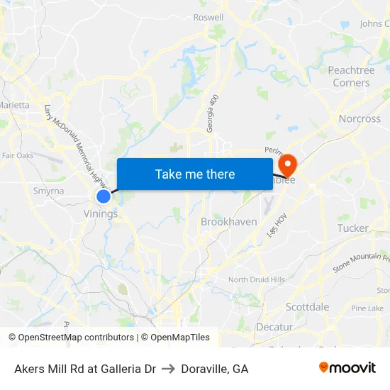Akers Mill Rd at Galleria Dr to Doraville, GA map