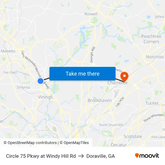Circle 75 Pkwy at Windy Hill Rd to Doraville, GA map