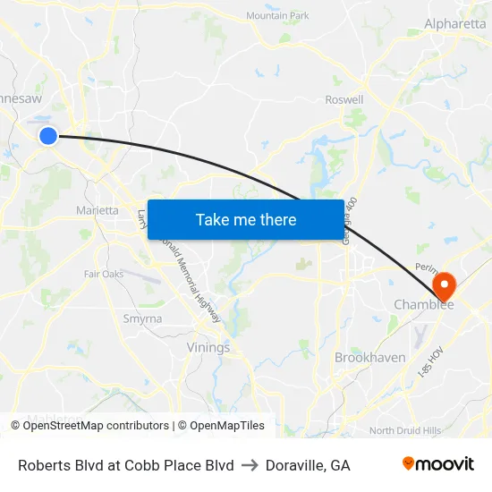 Roberts Blvd at Cobb Place Blvd to Doraville, GA map