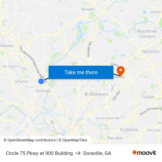 Circle 75 Pkwy at 900 Building to Doraville, GA map