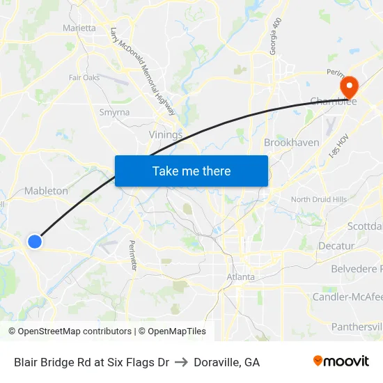 Blair Bridge Rd at Six Flags Dr to Doraville, GA map
