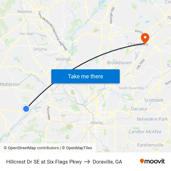 Hillcrest Dr SE at Six Flags Pkwy to Doraville, GA map