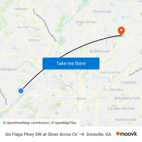 Six Flags Pkwy SW at Silver Arrow Cir to Doraville, GA map