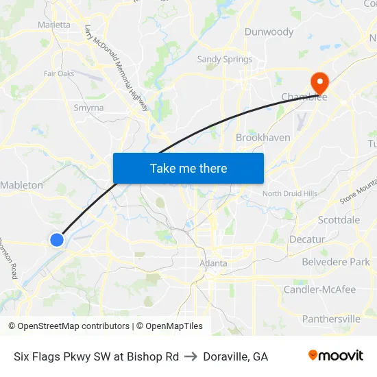 Six Flags Pkwy SW at Bishop Rd to Doraville, GA map