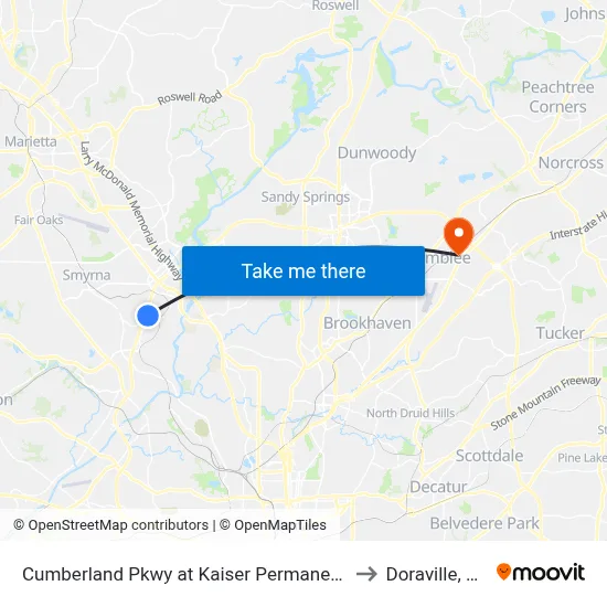 Cumberland Pkwy at Kaiser Permanente to Doraville, GA map