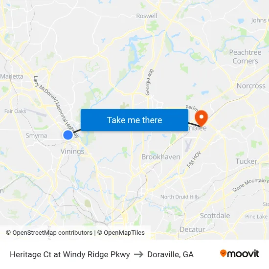 Heritage Ct at Windy Ridge Pkwy to Doraville, GA map