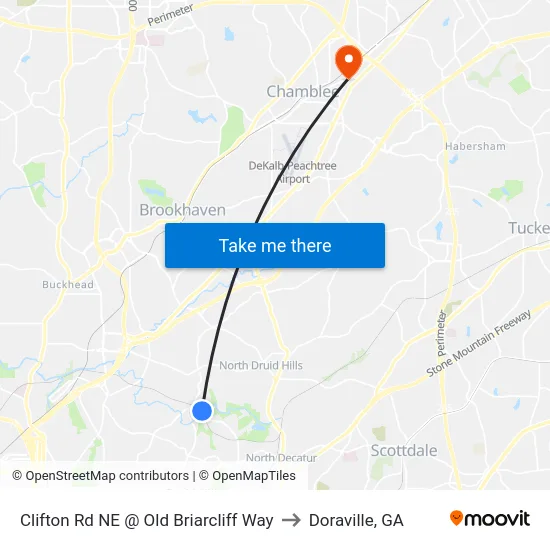 Clifton Rd NE @ Old Briarcliff Way to Doraville, GA map