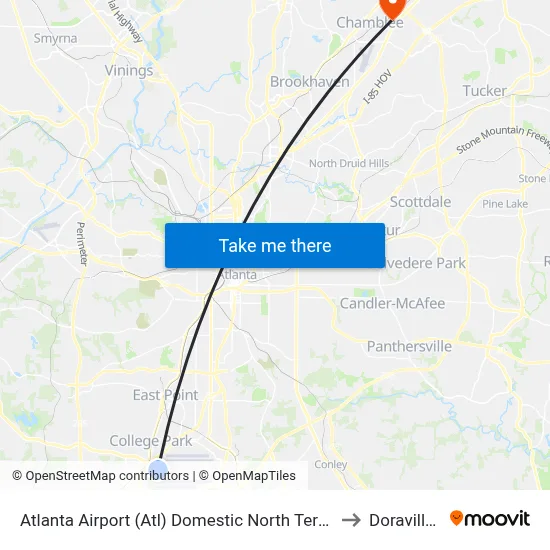 Atlanta Airport (Atl) Domestic North Terminal Dropoffs to Doraville, GA map