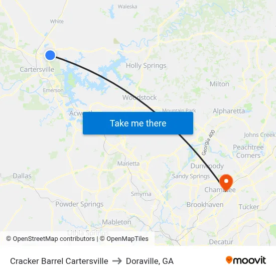 Cracker Barrel Cartersville to Doraville, GA map