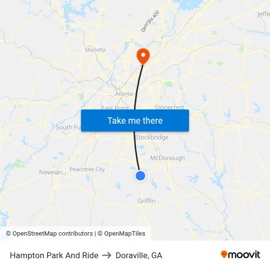 Hampton Park And Ride to Doraville, GA map