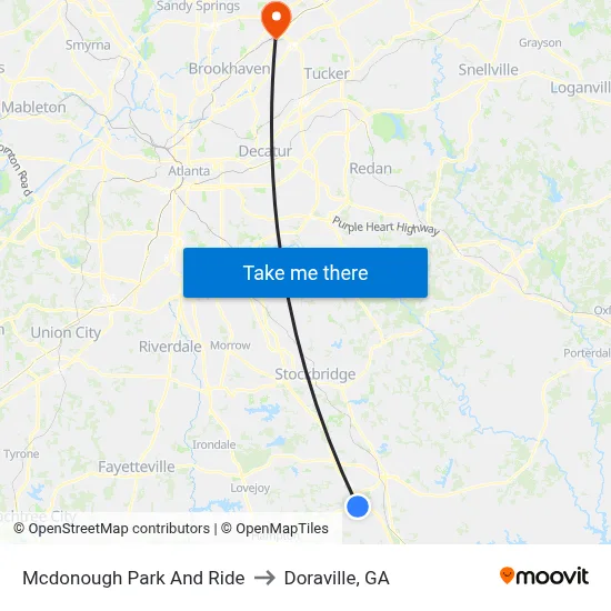 Mcdonough Park And Ride to Doraville, GA map